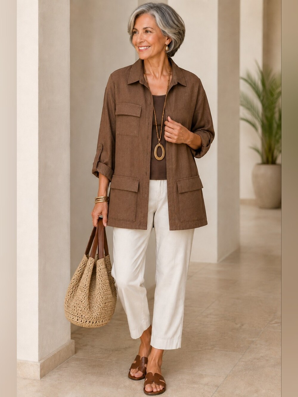 Chico's Design 100% Linen Jacket Shirt Leaf Brown Roll Tab Size 3 NWT Pockets